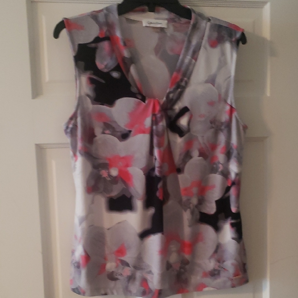 Calvin Klein Floral V-Neck Blouse - Black, Pink, Gray